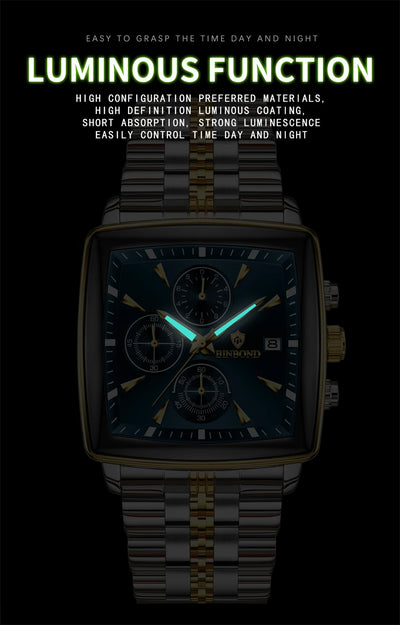 BINBOND Luxury Square Sport Man Wristwatch Waterproof Luminous Chronograph Quartz Men's Watches Stainless Steel Men Watch Reloj - LKBA