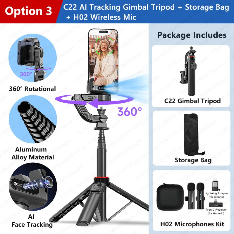C22 AI Face Tracking Handheld Gimbal Stabilizer 360° Rotation Shoot Selfie Stick Tripod