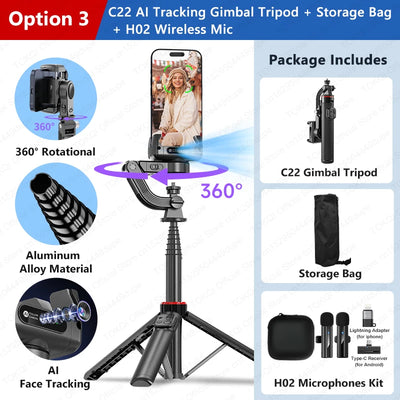 C22 AI Face Tracking Handheld Gimbal Stabilizer 360° Rotation Shoot Selfie Stick Tripod