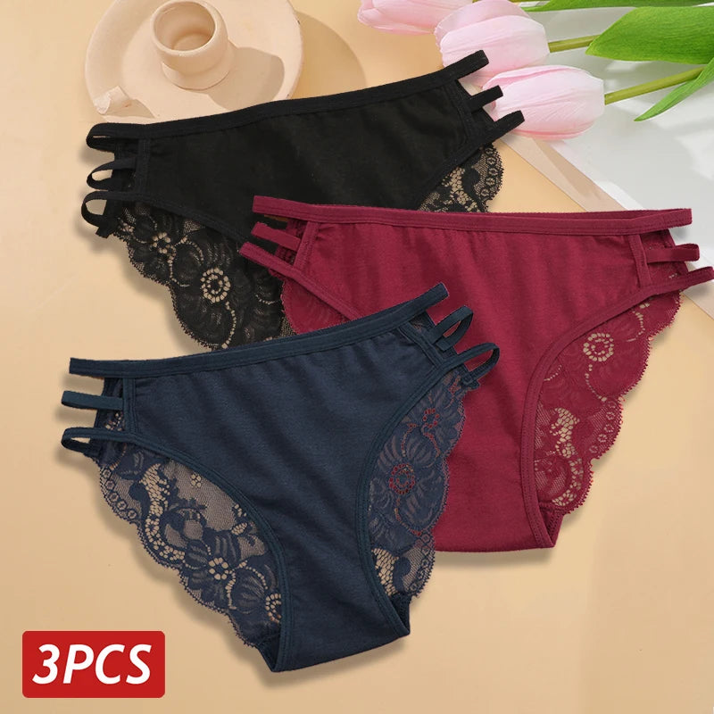 3PC/Set Women's Sexy Floral Lace Panties Low Rise Hollow Out Briefs Transparent Underwear Female Elastic Straps Soft Lingerie - LKBA