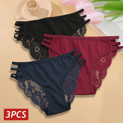 3PC/Set Women's Sexy Floral Lace Panties Low Rise Hollow Out Briefs Transparent Underwear Female Elastic Straps Soft Lingerie - LKBA