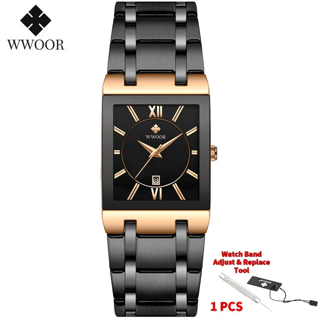 WWOOR Brand Luxury Gold Bracelet Men's Watches Fashion Square Quartz Wrist Watch For Men Stainless Steel Waterproof Reloj Hombre