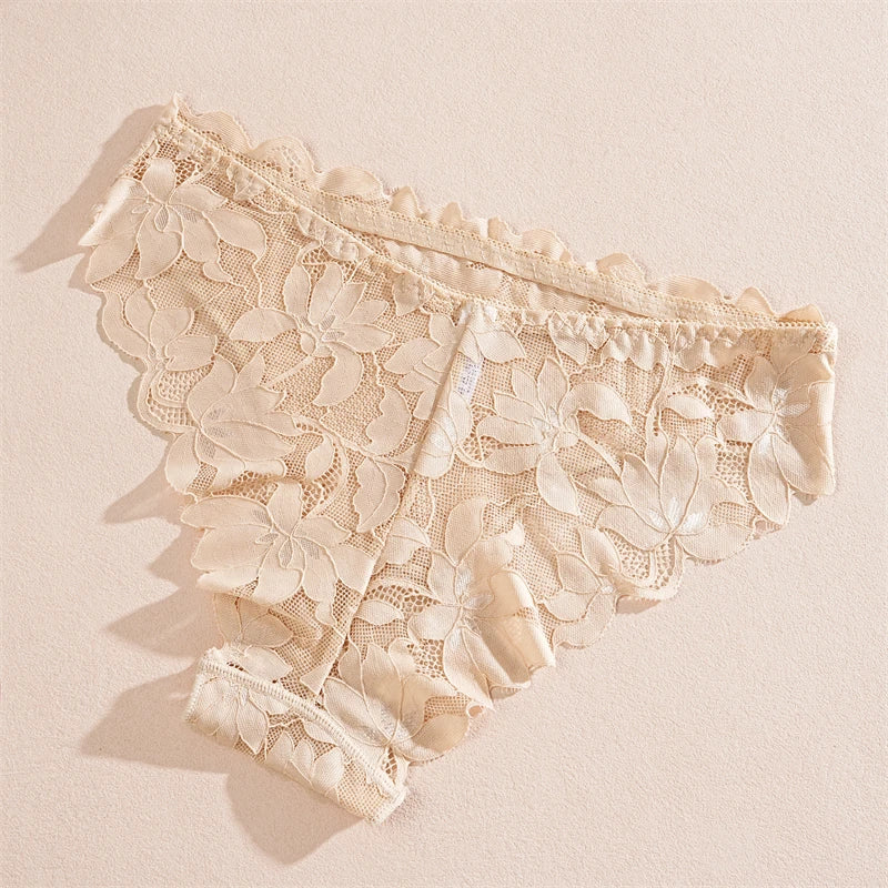 2Pcs Women's Satin Floral Lace Underwear Sexy Hollow Out Panties Solid Low-Waist Perspective Briefs Girls Soft Lingerie - LKBA
