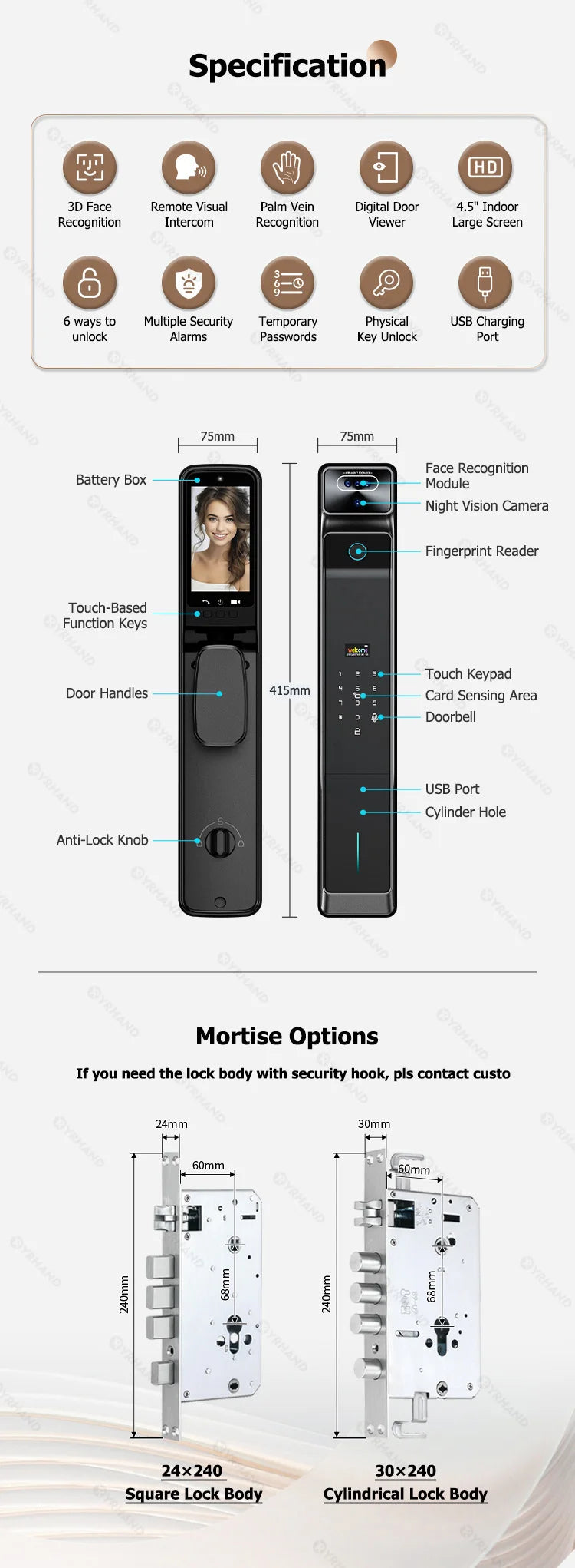 Real Time Intercom Palm Vein Recognition Intelligente Tuya Wifi  3DFace Unlock Outdoor Front Smart Digital Door Lock With Camera - LKBA