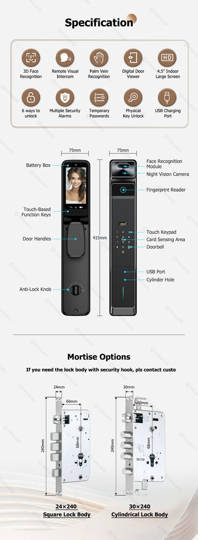 Real Time Intercom Palm Vein Recognition Intelligente Tuya Wifi  3DFace Unlock Outdoor Front Smart Digital Door Lock With Camera - LKBA