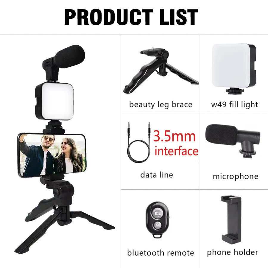 Smartphone Vlogging Kit with Tripod Phone Holder Mini Microphone LED Fill Light - LKBA