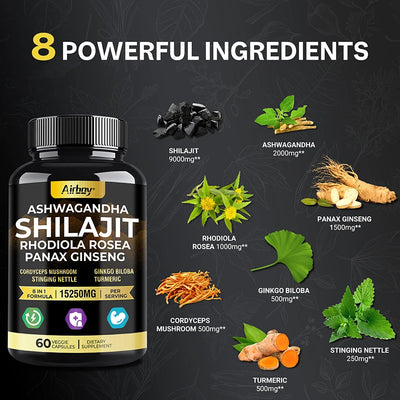 Ashwagandha, Shilajit, Rhodiola, Ginseng Capsules - Increase Muscle Mass, Improve Endurance, Energy Supplement - LKBA