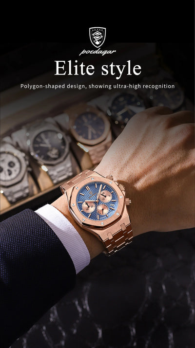 POEDAGAR Original Luxury Men's Watches Date Chronograph Stainless Steel Quartz Watch Waterproof Luminous Fashion Man Wristwatch - LKBA