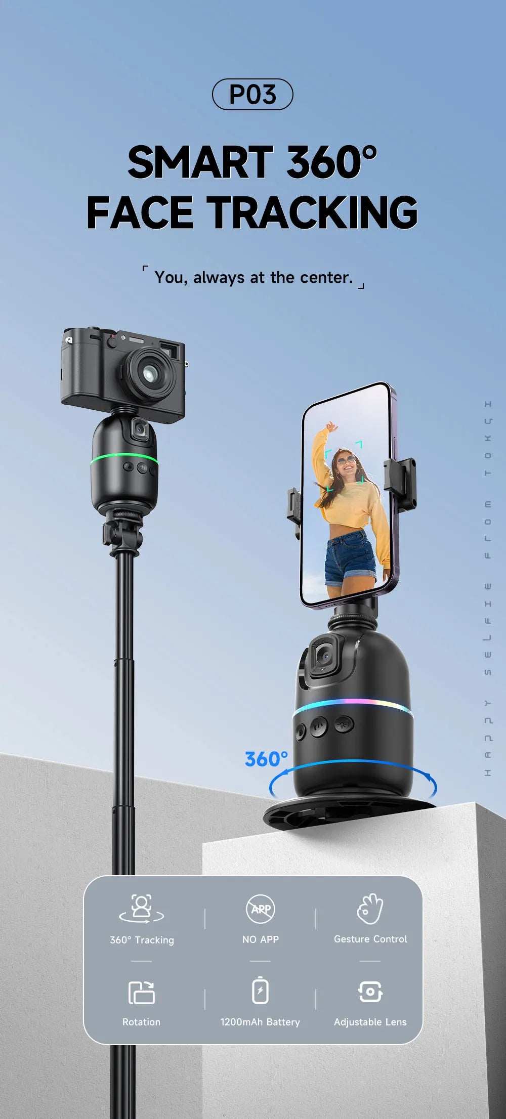 360°Auto Smart Face Tracking AI Gimbal Desktop Cell Phone Holder Tripod for Camera Vlog Live - LKBA