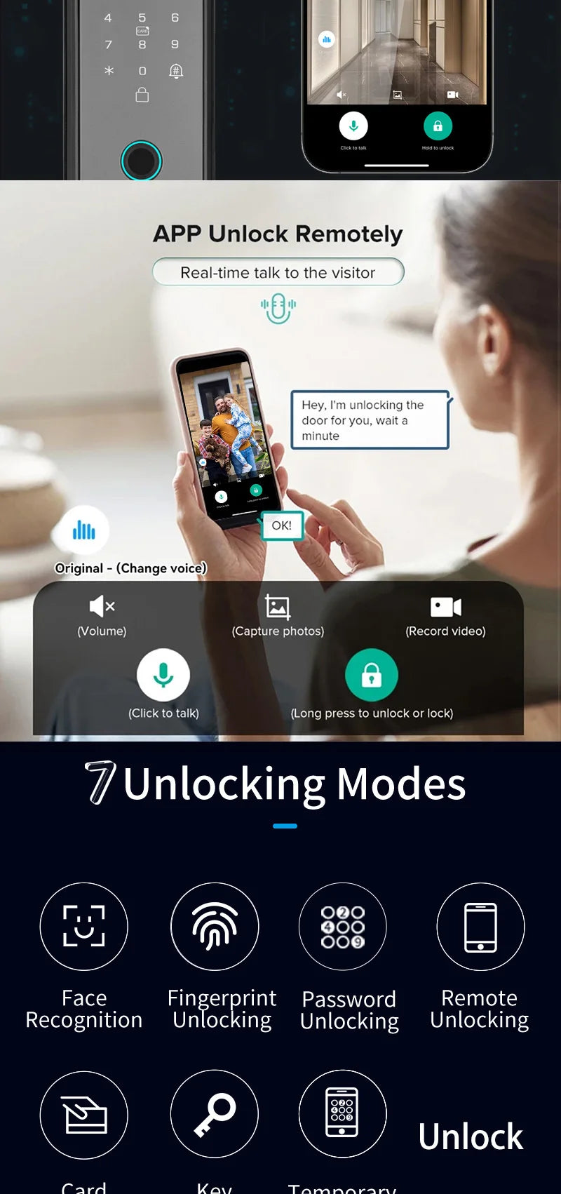 Tuya APP Smart Life APP Control Voice Intercom Smart Lock 3D Face Recognition Fingerprint Password Smart Door Lock With Camera - LKBA