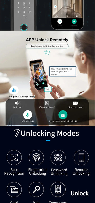 Tuya APP Smart Life APP Control Voice Intercom Smart Lock 3D Face Recognition Fingerprint Password Smart Door Lock With Camera - LKBA