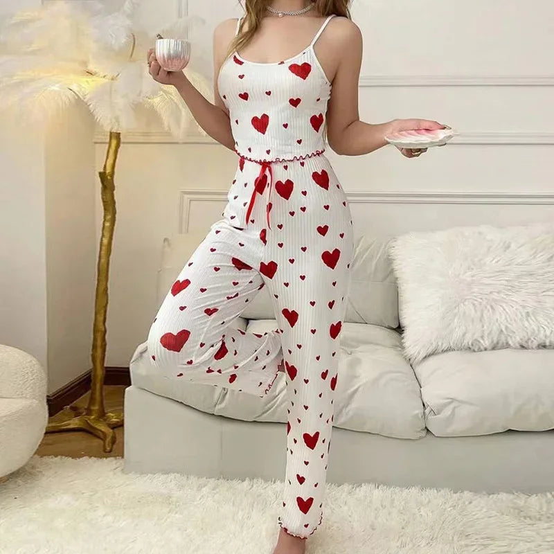 Women Sleepwear Autumn Winter Pajamas Sets Heart Print Sleeveless Cami Vest with Long Pants Trouser Set Sexy Lingerie Pyjamas - LKBA