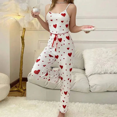 Women Sleepwear Autumn Winter Pajamas Sets Heart Print Sleeveless Cami Vest with Long Pants Trouser Set Sexy Lingerie Pyjamas - LKBA