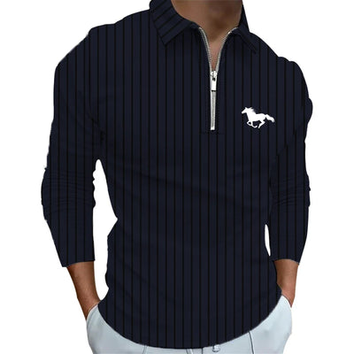 100% Polyester Fiber Zipper Striped Long Sleeved Polo Shirt Light Mature and Fashionable Men's Top Item - LKBA