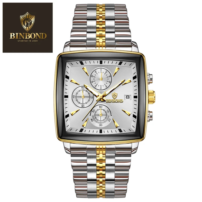BINBOND Luxury Square Sport Man Wristwatch Waterproof Luminous Chronograph Quartz Men's Watches Stainless Steel Men Watch Reloj - LKBA