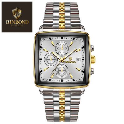 BINBOND Luxury Square Sport Man Wristwatch Waterproof Luminous Chronograph Quartz Men's Watches Stainless Steel Men Watch Reloj - LKBA