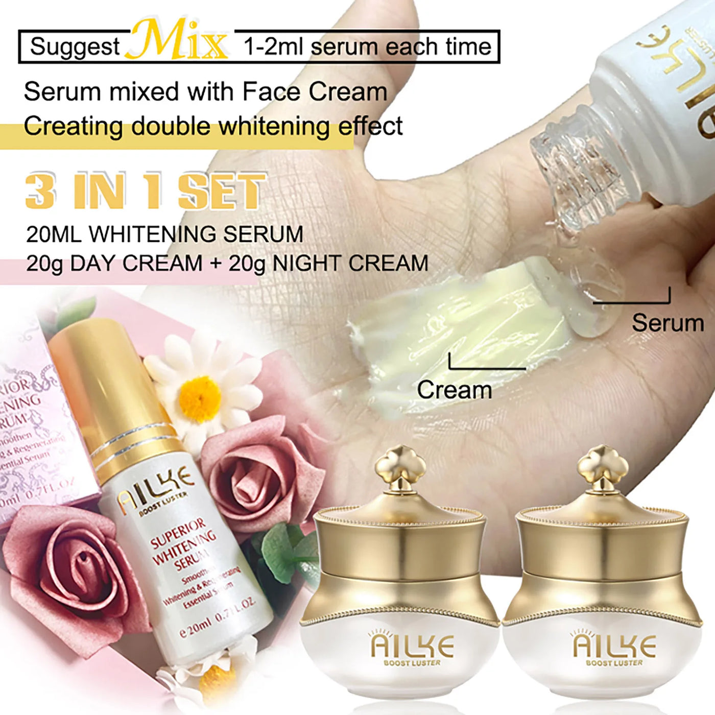 AILKE Whitening Anti-wrinkle Freckle Face Cream With Collagen Hyaluronic Acid Rose Skin Care Women Korean Facial Moisturizer Set - LKBA