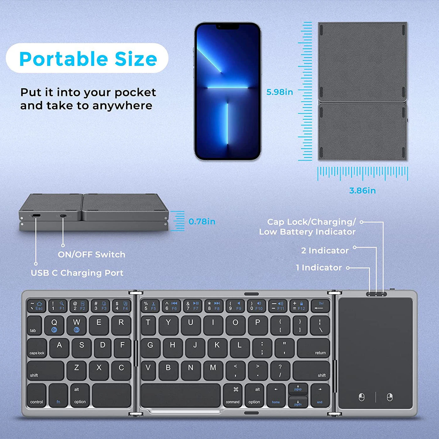 Bluetooth 5.1 Keyboard 3-Folding Mini Keyboard Rechargeable Foldable Keyboard with Touchpad - LKBA