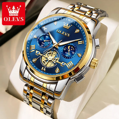 OLEVS 2856 Quartz Watch for Men Flywheel Skeleton Chronograph Moon Phase Multifunctional Stainless steel Men's Wristwatches