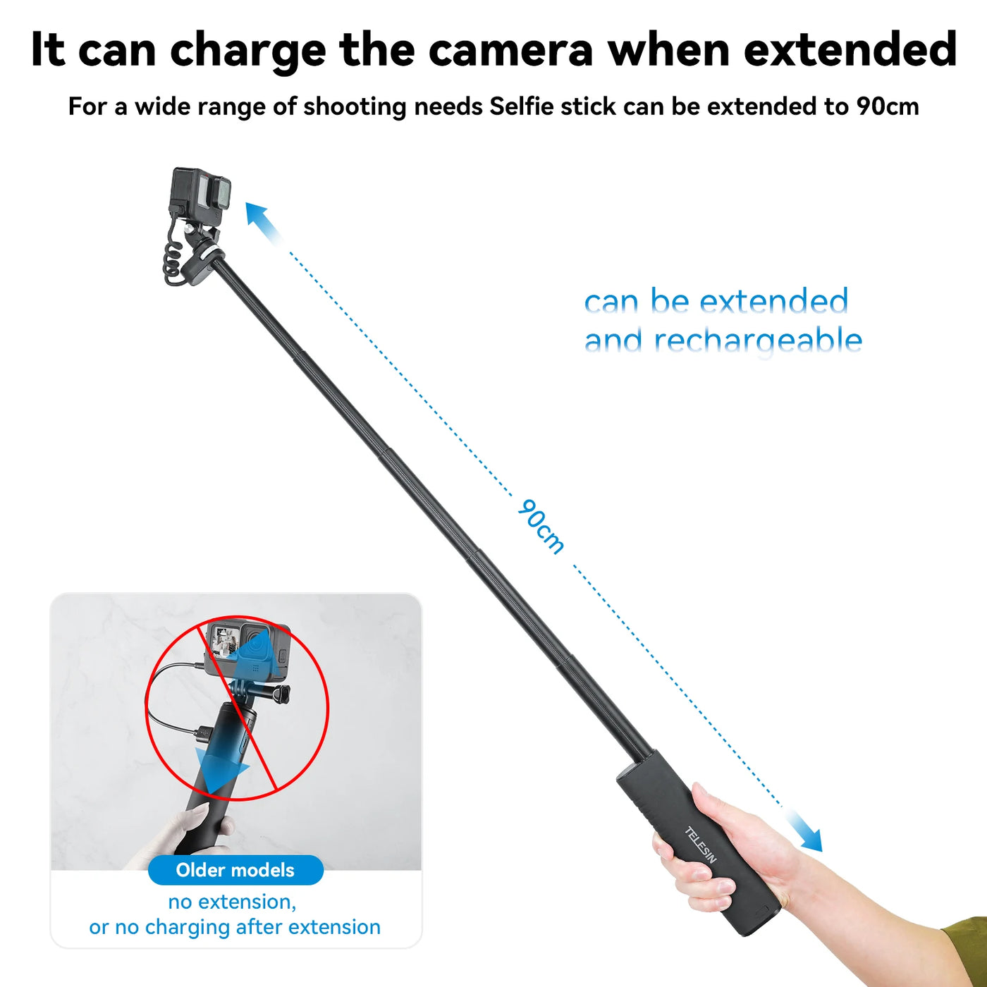 Selfie Stick QC/PD3.0 fast charging Power Selfie Stick 90CM Telescoping Selfie Pole with 1/4 Inch Screw - LKBA