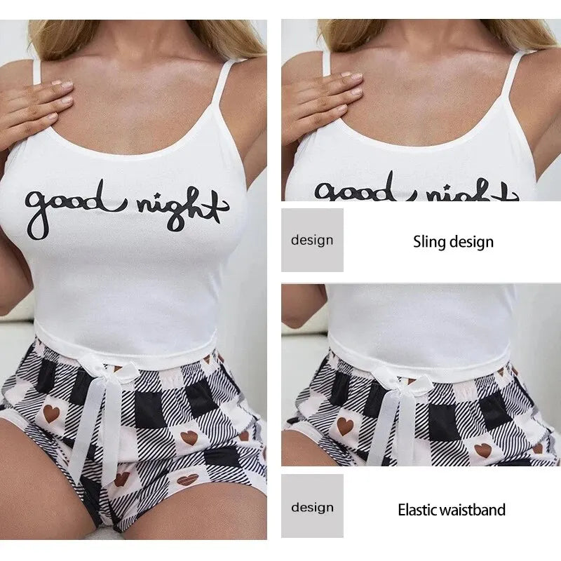 Summer Women's Sexy Camisole Pajama Set Women's Printed Letter Top Paired with Checkered Printed Shorts Home Pajama Set - LKBA
