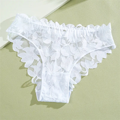 2Pcs Women's Satin Floral Lace Underwear Sexy Hollow Out Panties Solid Low-Waist Perspective Briefs Girls Soft Lingerie - LKBA