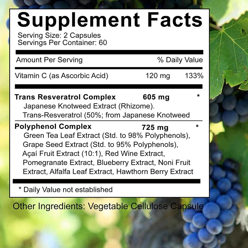 Trans Resveratrol - With Vitamin C, Green Tea, Grape Seeds - Anti-Aging, Antioxidants, Promote Skin Smoothness - 120 Capsules - LKBA