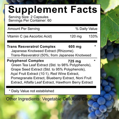Trans Resveratrol - With Vitamin C, Green Tea, Grape Seeds - Anti-Aging, Antioxidants, Promote Skin Smoothness - 120 Capsules - LKBA