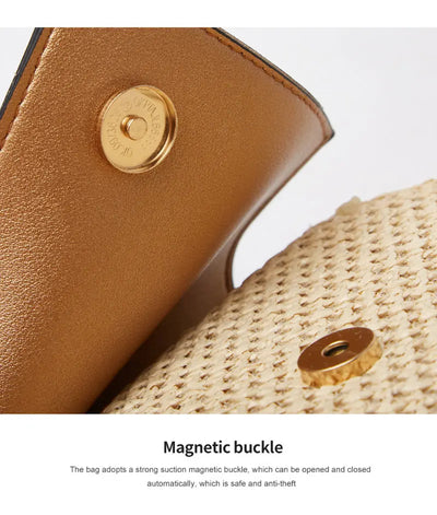 Shape Straw PU Leather Handbag Women Summer Rattan Bag Handmade Woven Beach Bohemia Chain Strap Shoulder - LKBA