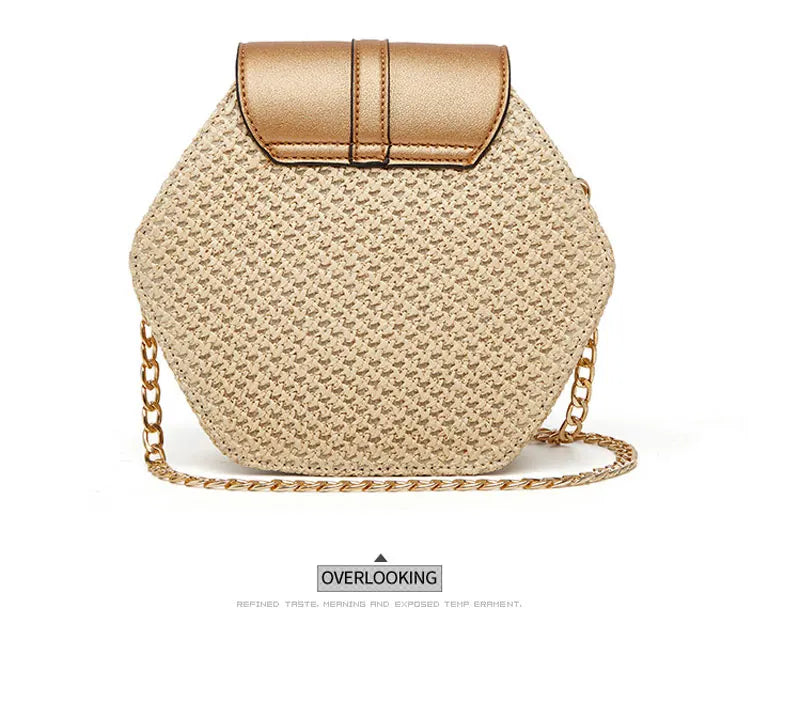 Shape Straw PU Leather Handbag Women Summer Rattan Bag Handmade Woven Beach Bohemia Chain Strap Shoulder - LKBA