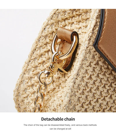 Shape Straw PU Leather Handbag Women Summer Rattan Bag Handmade Woven Beach Bohemia Chain Strap Shoulder - LKBA