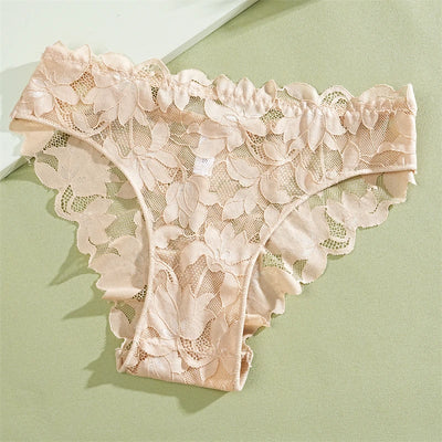 2Pcs Women's Satin Floral Lace Underwear Sexy Hollow Out Panties Solid Low-Waist Perspective Briefs Girls Soft Lingerie - LKBA