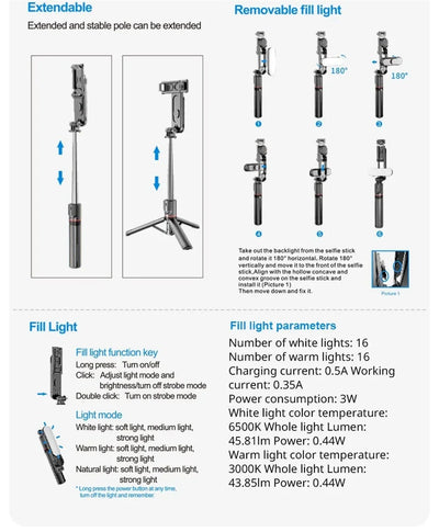2025 New L15 Wireless Selfie Stick Tripod Stand Foldable Monopod with Led Light for Smart phones - LKBA