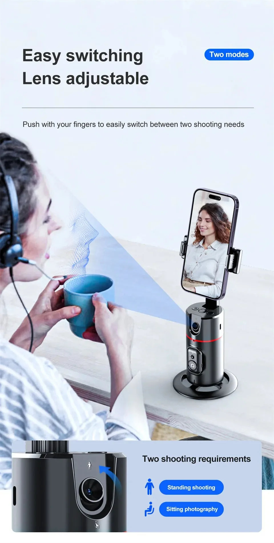 Auto Face Tracking Tripod 360°Rotation, No App, Smart Shooting Phone Holder for Live Video - LKBA