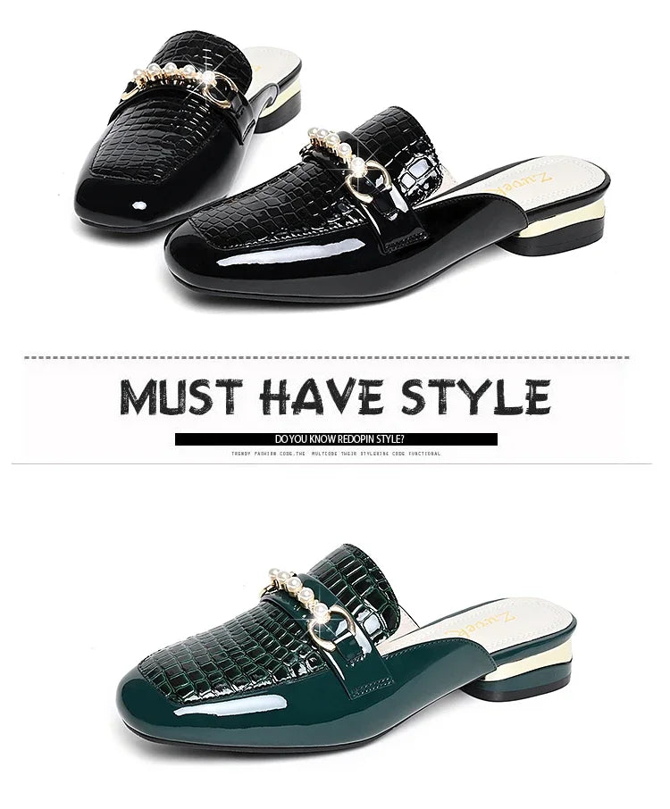 Summer New Pearl Painted Leather Low Heel Women's Slippers High Quality Flat Bottom Half Slippers Comfortable Fashionable