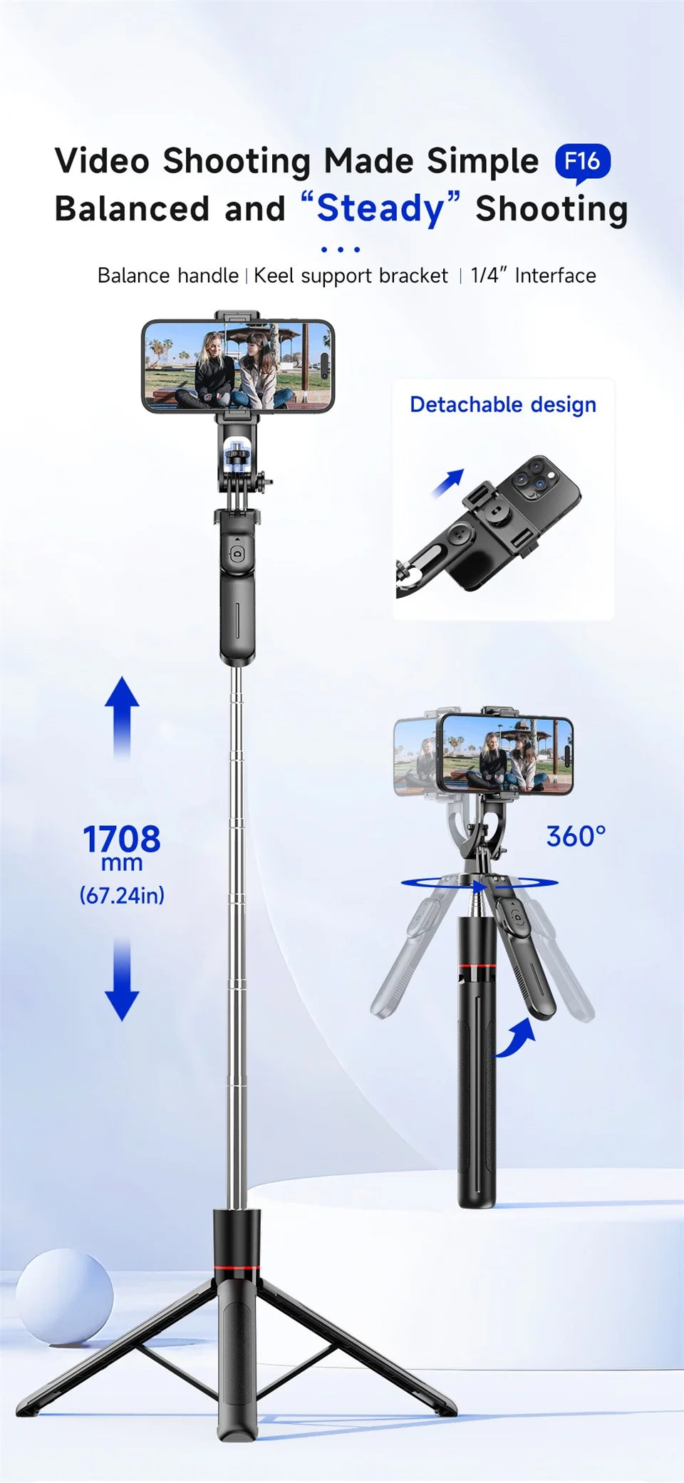 Selfie Stick Tripod with 1708mm Long Monopod Fill Light, Bluetooth Remote, 360° Rotation - LKBA