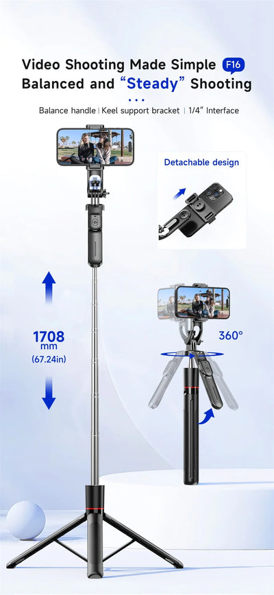 Selfie Stick Tripod with 1708mm Long Monopod Fill Light, Bluetooth Remote, 360° Rotation - LKBA