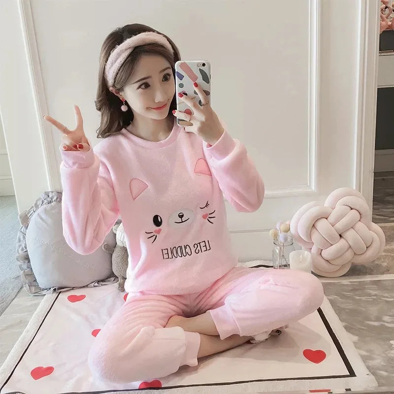 Thickened Warm Flannel Autumn and Winter Pajamas Loungewear Female Cute Cartoon Sleepwear Homewear Coral Velvet Nightwear - LKBA