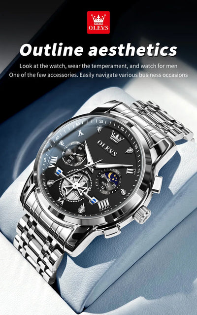 OLEVS 2856 Quartz Watch for Men Flywheel Skeleton Chronograph Moon Phase Multifunctional Stainless steel Men's Wristwatches