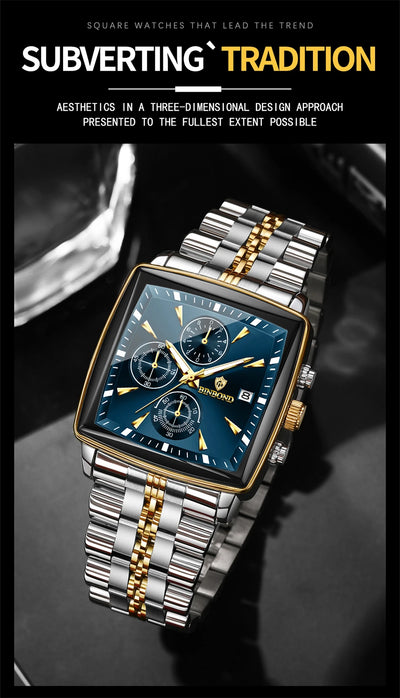 BINBOND Luxury Square Sport Man Wristwatch Waterproof Luminous Chronograph Quartz Men's Watches Stainless Steel Men Watch Reloj - LKBA