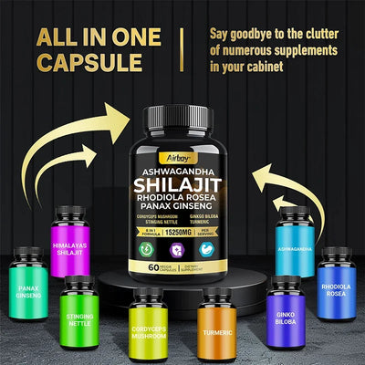 Ashwagandha, Shilajit, Rhodiola, Ginseng Capsules - Increase Muscle Mass, Improve Endurance, Energy Supplement - LKBA