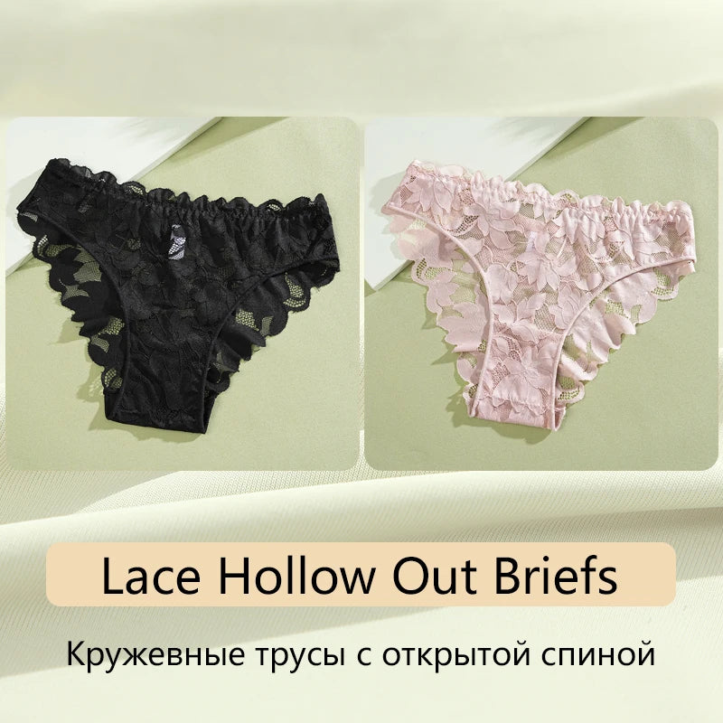 2Pcs Women's Satin Floral Lace Underwear Sexy Hollow Out Panties Solid Low-Waist Perspective Briefs Girls Soft Lingerie - LKBA
