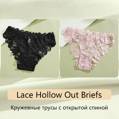 2Pcs Women's Satin Floral Lace Underwear Sexy Hollow Out Panties Solid Low-Waist Perspective Briefs Girls Soft Lingerie - LKBA
