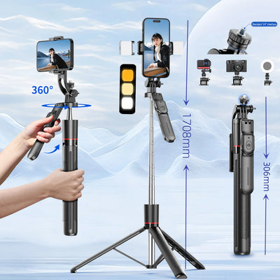 Selfie Stick Tripod with 1708mm Long Monopod Fill Light, Bluetooth Remote, 360° Rotation - LKBA