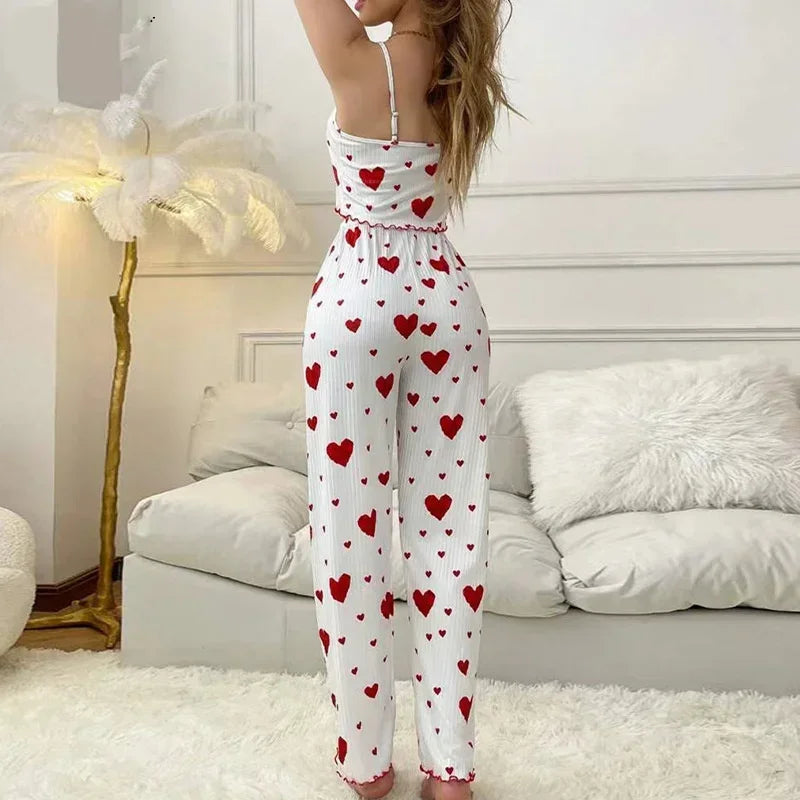 Women Sleepwear Autumn Winter Pajamas Sets Heart Print Sleeveless Cami Vest with Long Pants Trouser Set Sexy Lingerie Pyjamas - LKBA