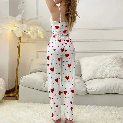 Women Sleepwear Autumn Winter Pajamas Sets Heart Print Sleeveless Cami Vest with Long Pants Trouser Set Sexy Lingerie Pyjamas - LKBA