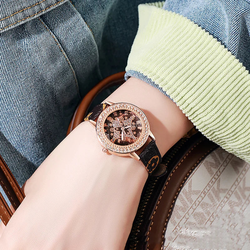 Classic Fashion Quartz Wristwatches Sparkling Rhinestone Women's Watches Leather Strap Relojes Para Damas - LKBA