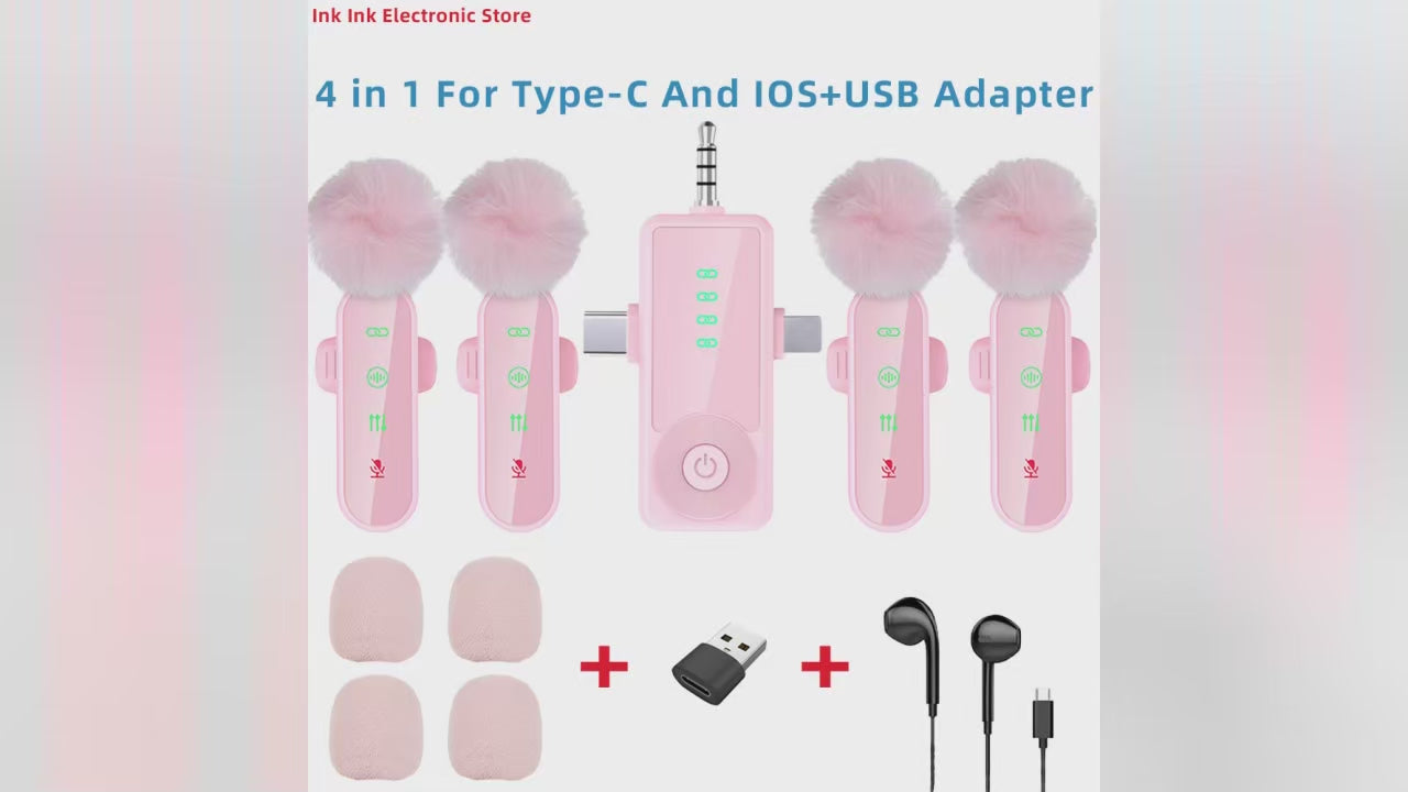 Pink 1 in 4 Lavalier Microphone Noise Cancelling Wireless With Wind Muff Lapel Mic For iPhone Android Camera 4 Pack LED Display