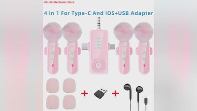 Pink 1 in 4 Lavalier Microphone Noise Cancelling Wireless With Wind Muff Lapel Mic For iPhone Android Camera 4 Pack LED Display