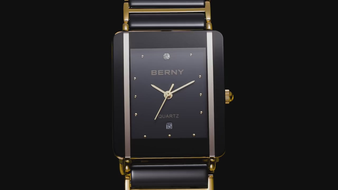 BERNY Ceramic Quartz Men Watch Fashion Luxury Rectangle Wristwatch XV12 Waterproof Calendar Diamon Black Gold Couple Gifts Watch